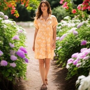 Faherty Hana Linen Yellow Shirt Dress Women's Small Fern Floral Tropical Pockets